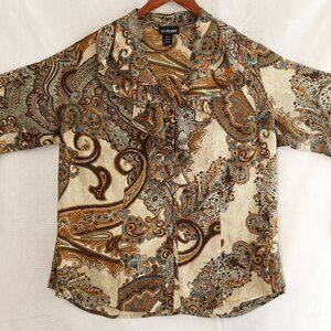 Women's Ruffle Top Paisley Blouse Brown Tan Chiffon Office Wear Dressy Casual